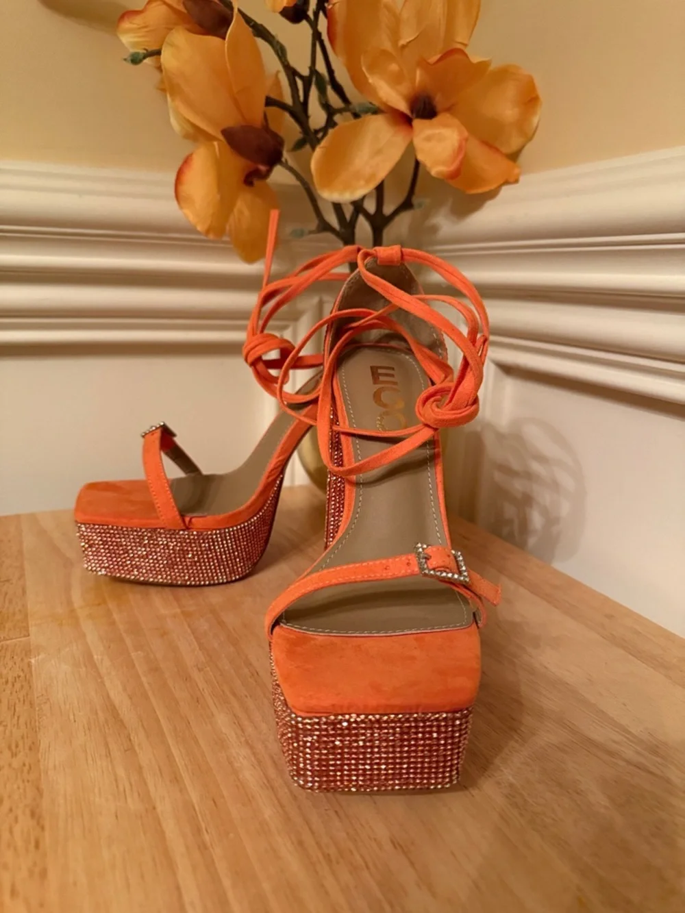 EGO Orange Rhinestone Platform Block Heels with Ankle Tie Uk 4 /‎ US 6